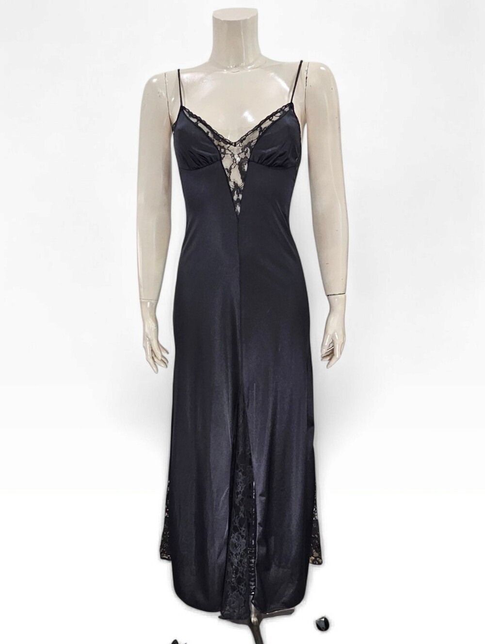Vintage GLYDONS Black Nylon Lace Godet Inserts Maxi Nightgown Slip Dress XS/S